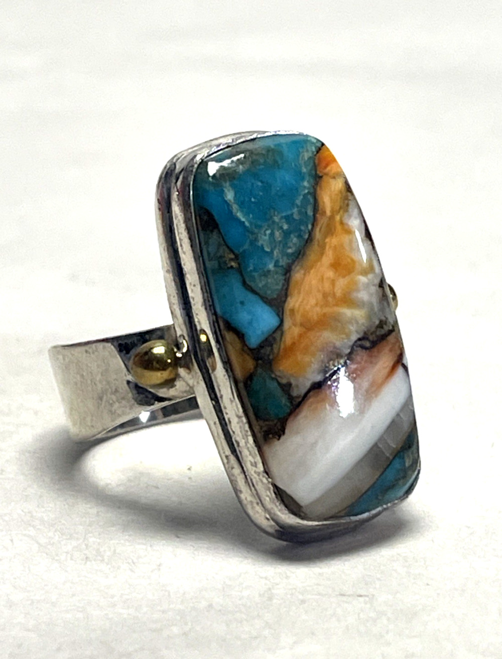 Sterling Silver 925 Spiny Oyster Turquoise Ring Size 8.5 Two Tone Brass India